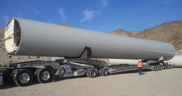 110 ft. wind tower section on a Cozad 9-axle trailer