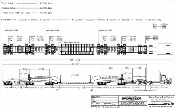 100-110 Ton 9-Axle to 13-Axle Conversion Trailer Line Drawing
