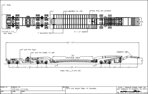 Cozad 80-85 Ton 9-Axle 28 Ft Drop Side Deck Trailer Line Drawing